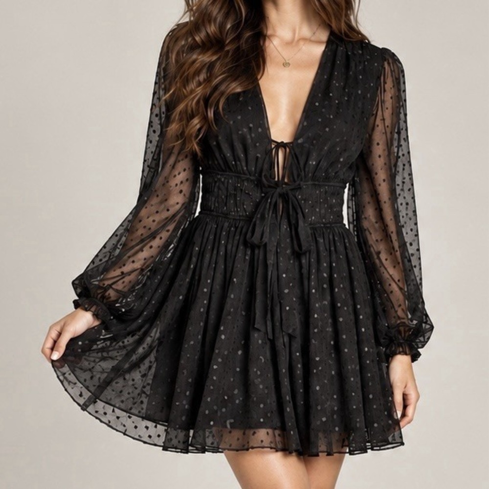Lulus Sweet Twist XS Black Swiss Dot Tulle Mini Dress NWT Romantic Goth Sheer